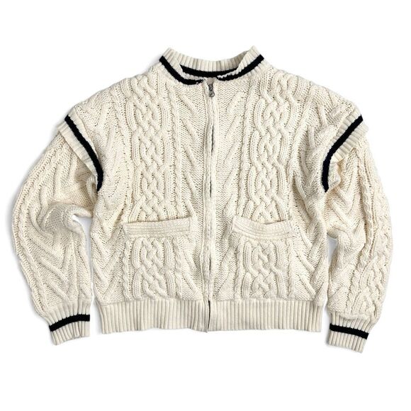 Anthropologie Cable Knit Bomber Sweater XS Cottage Academia Fisherman Cardigan - Picture 2 of 11